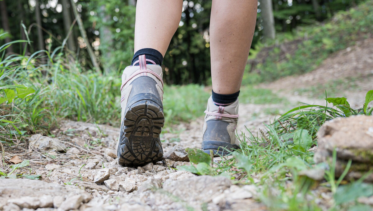 Low angle wide view image of female legs with hiking shoes on a forest trail.