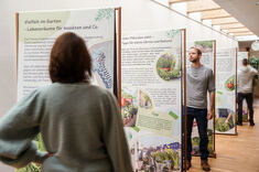 Drei Personen schauen sich die Ausstellung Vielfalt im Garten an